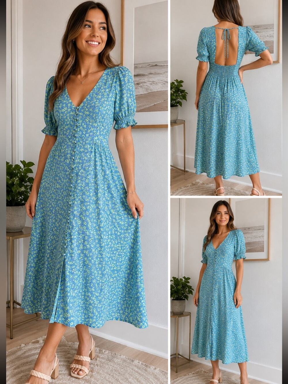 MNG Mango Blue Green Floral Button Front Midi Dress Puff Sleeve Open Back Size L
